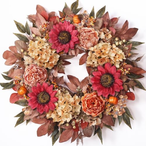 24"Fall Artificial Wreath with Sunflower Peony for Front Door Decor(Orange)