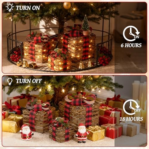 LAWOHO Set of 3 Christmas Lighted Gift Boxes,Rustic Rattan Light Up Present Boxes with Bows,Battery&USB Operated LED Xmas Gift Boxes for Christmas Decorations Holiday Ornaments Indoor Outdoor Decor