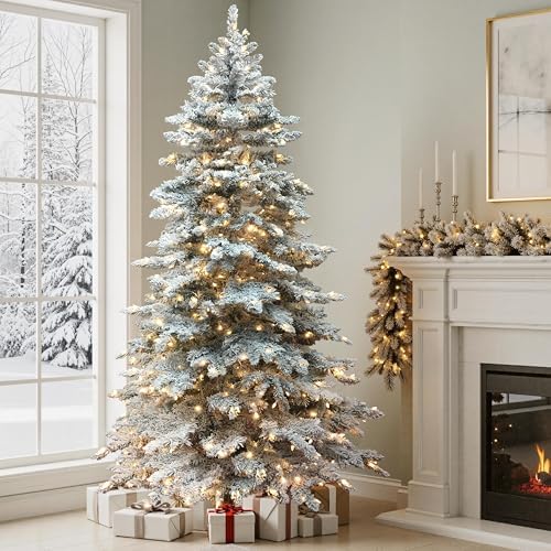 Yaheetech 6ft Pre-Lit Artificial Christmas Tree with 400 Warm White LED Lights & 940 PVC Tips,Hinged Snow Flocked Xmas Tree with Foldable Stand & Protective Foot Caps,Green & White