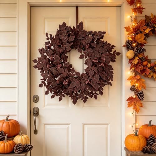 GIAUMA 26" Fall Artificial Cimicifuga Leaves Wreath for Front Door Burgundy