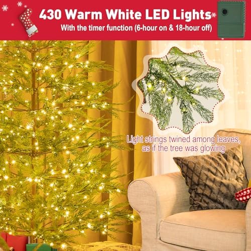 GOFLAME 6.5FT Pre-Lit Christmas Tree with Faux Cypress Leaves, Hinged Artificial Xmas Tree with 470 PE Branch Tips & 430 Warm White LED Lights, Holiday Decoration Tree with Auto Timer