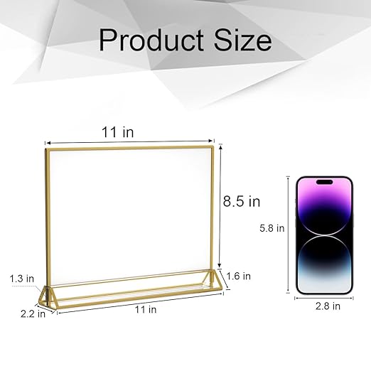 NIUBEE 6Pack 11 x 8.5 Acrylic Sign Holder with Gold Frames and Vertical Stand, Ideal for Display Wedding Table Numbers, Double Sided Picture, Clear Photos, Menu Holders -Horizontal