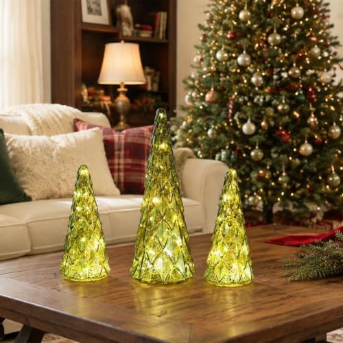 Christmas Decorations Indoor, YEAHOME Set of 3 Pre-lit Green Glass Christmas Tree for Home Decor, Christmas Table Decorations Lighted Xmas Tree with Timer for Living Room Mantel Tabletop Party