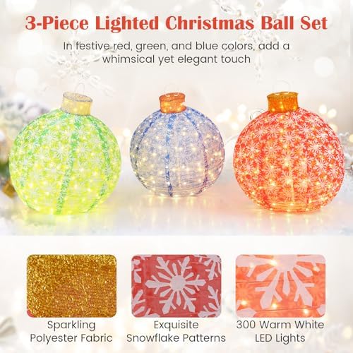 Tangkula 3 Pieces Christmas Lighted Pop up Holiday Ball Ornaments Decor
