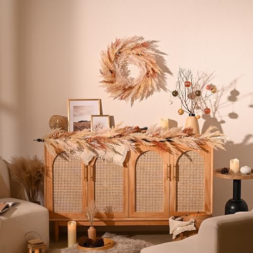 DecorbyHannah 24'' Neutral Fall Pampas Wreath with Lights for Front Door