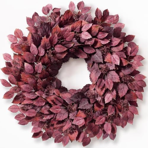 26" Artificial Hibiscus Leaves Fall Wreath for Front Door Decor(Autumn Red)