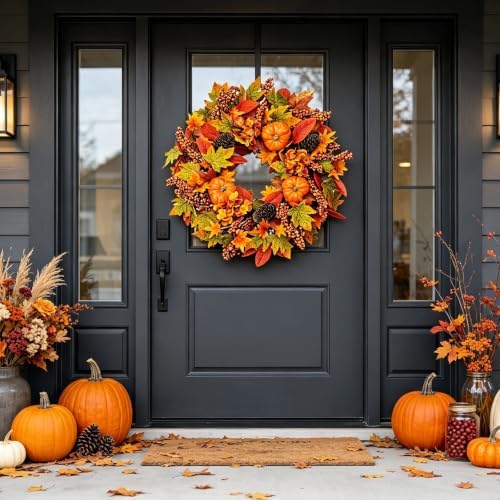 24 Inch Harvest Fall Wreath, Farmhouse Pumpkin Pinecone Autumn Wreath with Maple Leaves & Hydrangeas, Rustic Artificial Wreath for Front Porch Wall Window, Thanksgiving Home Decor
