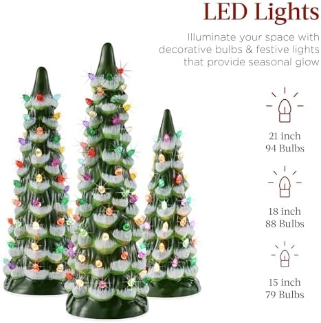 Best Choice Products Set of 3 XL Ceramic Christmas Trees, Pre-Lit Hand-Painted Tabletop Holiday Décor w/Multicolor Bulbs, LED Lights – Frosted Green