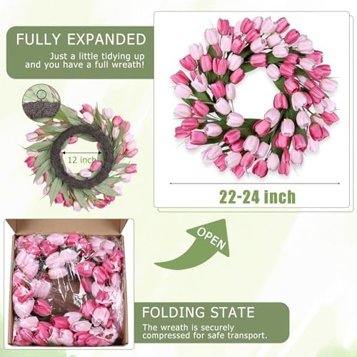 24 Inch Tulip Summer Wreath for Front Door Spring Silk Wreath with Green Leaves Artificial Tulip Flower Wreaths for All Seasons Farmhouse Porch Wall Living Room Home Widding Decor