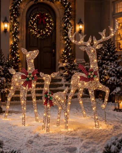 NAVINE 4.85FT 3-Piece Large Lighted Christmas Deer Family Set, Rttan