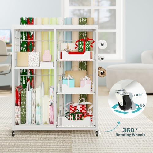 LUCKUP Rolling Wrapping Paper Organizer Cart – Gift Wrap Storage with Wheels, 20 Roll Holders, 3 Drawers & Ribbon Dispenser, Craft Organizer for Christmas, Birthdays, White