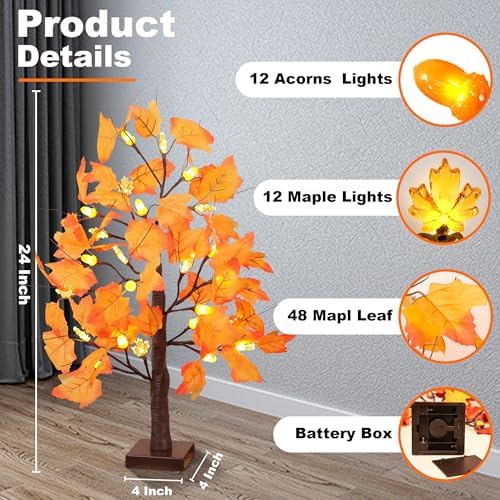 2 Pack 24 Inch Lighted Maple Trees with 48 LEDs & Timer, Fall Decorations for Home, Battery Operated Artificial Autumn Tabletop Tree with Acorns Maple, Indoor Fall Decor Thanksgiving Table Centerpiece