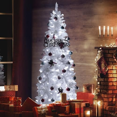 Yardenaler 7.5FT Artificial Christmas Tree with 350 LED Lights, 900 Branches Pre-Lit Pencil Christmas Tree, Slim Xmas Tree with Base for Indoor, Cool White Lights Festival Decoration for Party, White