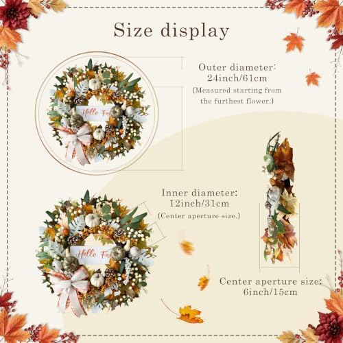 24'' Fall Wreaths for Front Door with Lights and Timer, Farmhouse