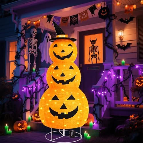 Halloween Pumpkin Decorations, Battery Operated Pre-Lit Collapsible Jack-o-Lantern with 100 LED & 8 Modes, Pop Up Pumpkin Decor for Indoor Outdoor Yard, Party, Halloween Fall Holiday