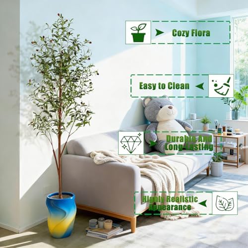 6FT Artificial Olive Tree Indoor, Tall Faux Olive Tree with Pot&Basket, Large Fake Olive Tree with Realistic 1080 Silk Leaves and 60 Fruits for Living Room Home Office Decor.