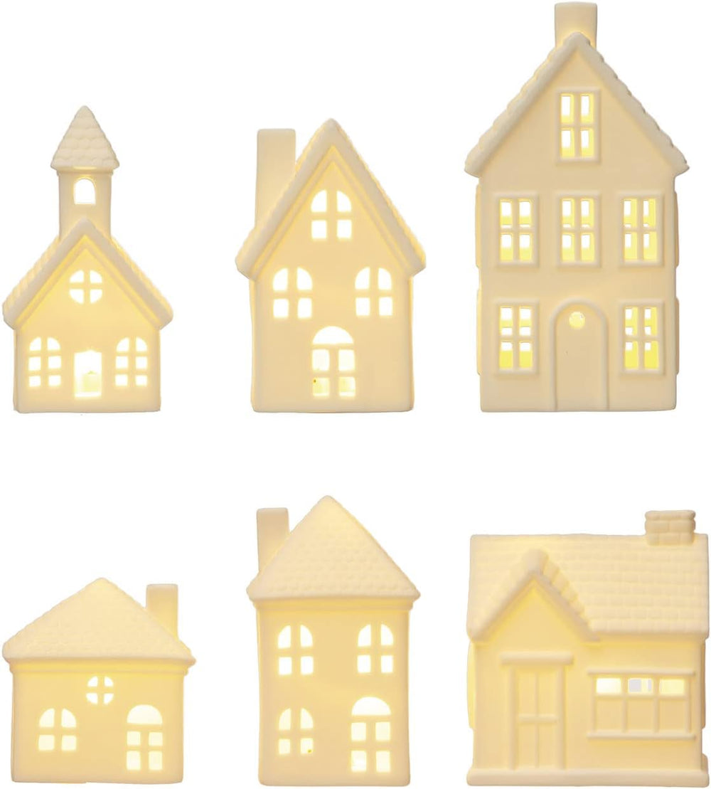Creative Co-Op Stoneware Bisque Houses with LED Lights, White, Set of 6