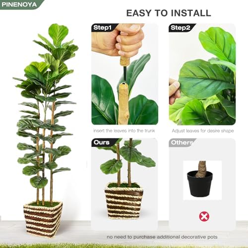 Artificial Fiddle Leaf Fig Tree Indoor with Woven Basket - 5ft Tall Fake Tree with Real-Wood Trunk,Faux Plants for Living Rooms, Offices, Kitchens & Outdoor Spaces (Square Basket)