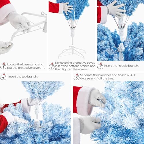 Yaheetech 6ft Premium Snow Flocked Artificial Christmas Tree Hinged Pine Full Holiday Xmas Tree for Home Office Party Decoration w/820 Branch Snow Tips & Metal Stand, Blue Gradient & White