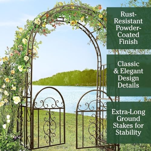 Plow & Hearth Arch Metal Outdoor Garden Arbor Double Gate | Montebello | 7 Feet Tall | Gunmetal Black | Steel Iron Trellis Lattice Climbing Plants & Heavy Vines