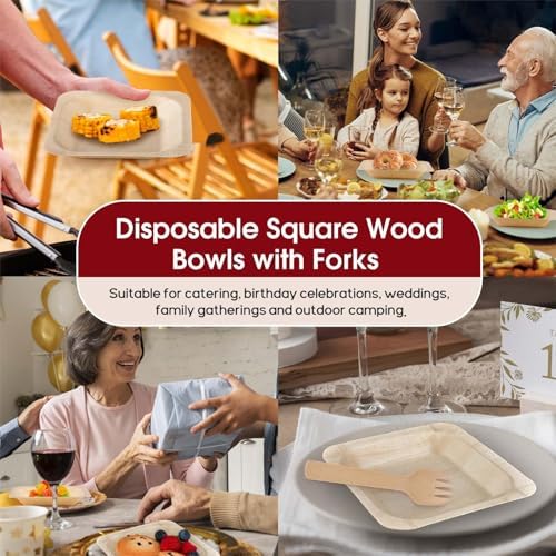 CONLI 300 Pcs Square Disposable Wood Bowls Bamboo Appetizer Plates