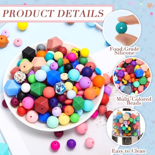 Hotop 636 Pcs Silicone Beads for Keychain Making Kit, 12mm15mm Round 14mm17mm Polygonal Silicone Rubber Beads for Keychain DIY Necklace Bracelet Jewelry Making Supplies