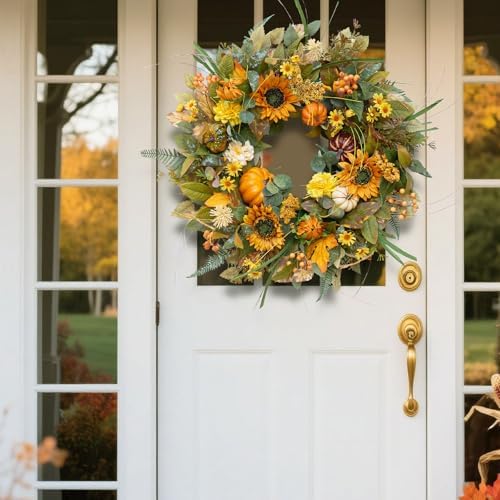 24 Inch Fall Wreaths for Front Door Outside with Sunflowers,Pumpkins,Leaves