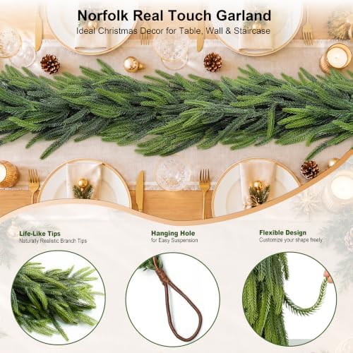 12FTx1 Extra Full Christmas Garland Real Touch Norfolk Pine Garland Faux Greenery Garlands Christmas Decorations Norfolk Pine Garlands for Stairs, Railing,Table Holiday Seasonal Indoor Mantle Decor