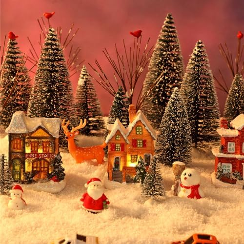 Kajaia 24 Pcs Christmas Houses Village and Mini Trees LED Lights Town Set