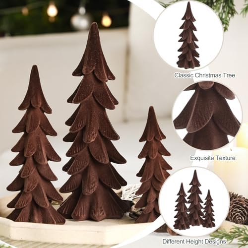 Cinnvoice 3 Set Velvet Christmas Tree Figurines, Brown