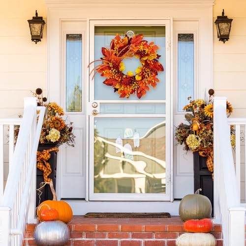 TOKCARE 24 Inch Fall Wreaths for Front Door with Maple Leaves and Berries
