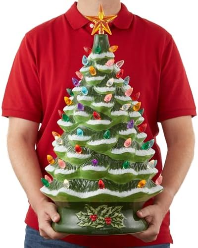 Casafield Hand Painted Ceramic Christmas Tree, Green Snow Flocked 24-Inch Pre-Lit Tree with 148 Multi Color Lights and 2 Star Toppers
