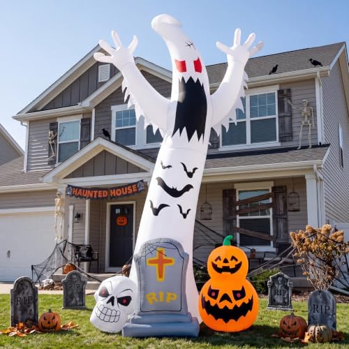Joiedomi 12FT Giant Halloween Inflatables Spooky Ghost with Skull Tombstone & Pumpkins Outdoor Decoration, Halloween Blow Up Yard Decorations with Rotating Colorful LED Lights for Lawn Garden Decor