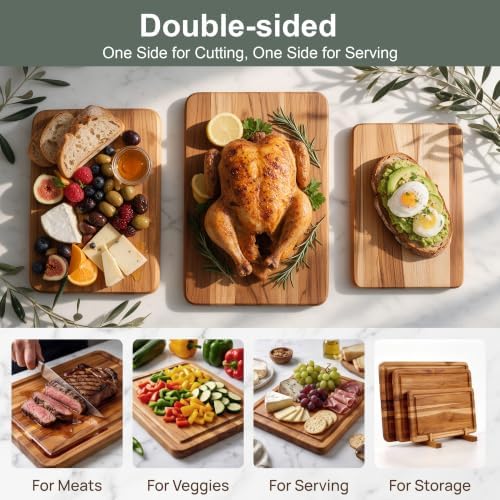3 Pcs Teak Wood Cutting Board Set with Fast Drying Stand for Kitchen