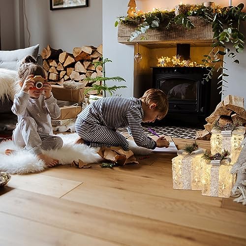 Vanthylit Christmas Lighted Gift Boxes, Set of 3 White Gift Box with 48 Warm White Lights, Outdoor Decorations Plug in for Yard Lawn Porch Holiday