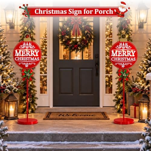 Christmas Signs with LED Lights,Battery Operated Metal Outdoor Porch Decor