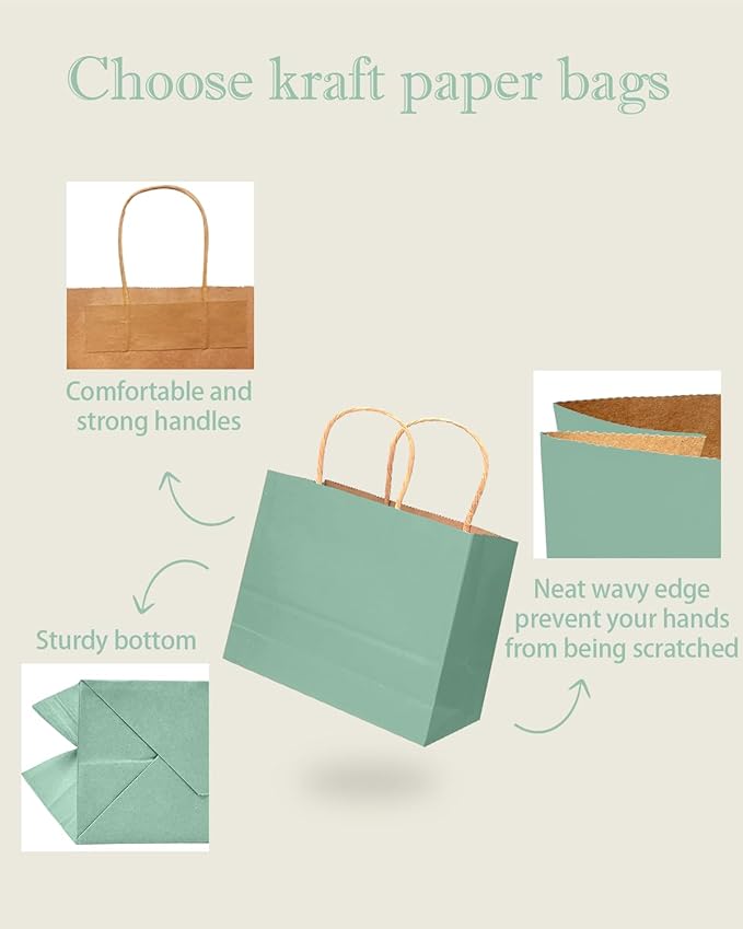 qiqee 100PCS Large Gift Bag with Handles Bulk 13"x4.5"x10" Gift Bags Kraft Light Blue Multiple Uses (32x11x25cm,Wide Large)