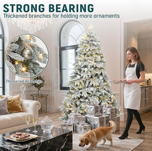 YITAHOME 7.5ft Prelit Flocked Christmas Tree with 1687 PE & PVC Mixed Tips