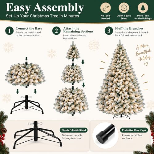 Garvee 6 FT Christmas Tree, Prelit Artificial Christmas Tree with 250 Warm White Lights, Realistic Flocked Material, Metal Hinges, Foldable Stand, on/Off Foot Pedal, Holiday Decoration, Green & White