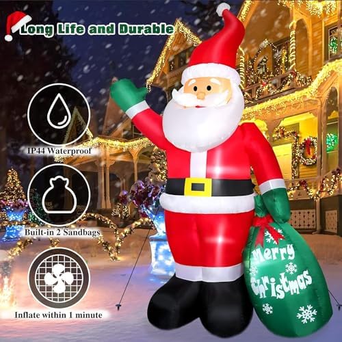 8 FT Christmas Inflatable Santa Claus Outdoor Decoration for Yard, Blow up Santa Decor with Big Gift Bag, Built-in LED Lights for Garden Patio Lawn Home Indoor Winter Holiday Party, IP44 Weatherproof