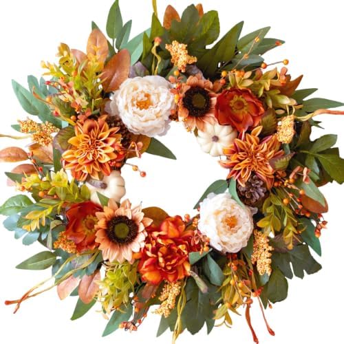 24 Inch Harvest Fall Wreaths for Front Door Outside with Sunflowers,Peony