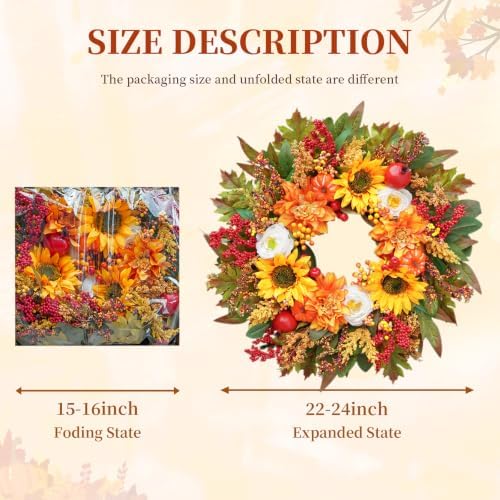 Fall Wreaths for Front Door, 24 Inch Autumn Wreath Luxury Harvest and Thanksgiving Indoor & Outdoor, Fall Door Wreath with Dahlias, Sunflowers,Peony&Pumpkins, Fall Wreath for Outdoor Wreaths