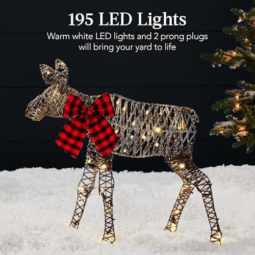 Best Choice Products 2D Moose Family Outdoor 3pc Christmas Yard Décor, 4ft Lighted Set Prelit All-Weather w/ 195 LEDs, Ground Stakes - Rattan