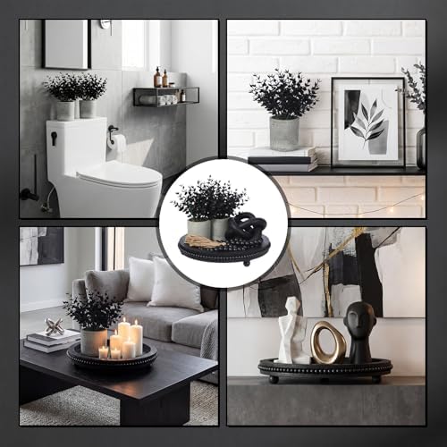 5 Pcs Bohemian Home Decor Set 12 inch Beaded Circular Wooden Tray Artificial Eucalyptus Potted Plants Wooden Knot Chain Ring Decoration for Farmhouse Wedding Table Decoration (Black)