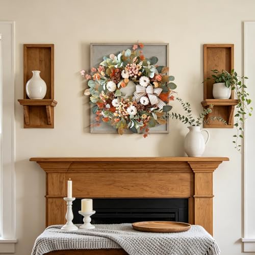 WANNA-CUL 24 Inch Farmhouse Fall Wreath for Front Door with White Pumpkin