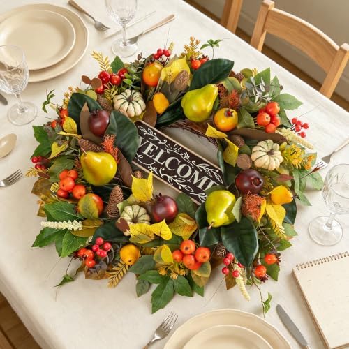 24 Inch Fall Wreaths for Front Door, Autumn Harvest Wreath with Pears