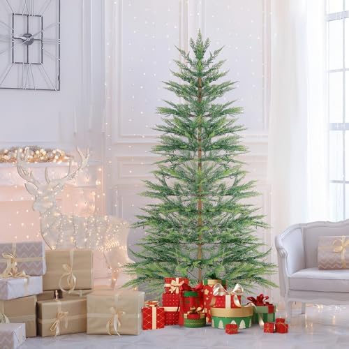 GOFLAME 6.5FT Pre-Lit Christmas Tree with Faux Cypress Leaves, Hinged Artificial Xmas Tree with 470 PE Branch Tips & 430 Warm White LED Lights, Holiday Decoration Tree with Auto Timer