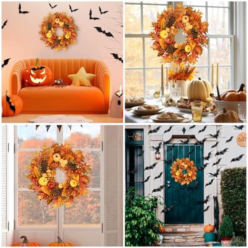 24 Inch Fall Wreath for Front Door, Pumpkin Berry Maple Leaf Autumn Decor