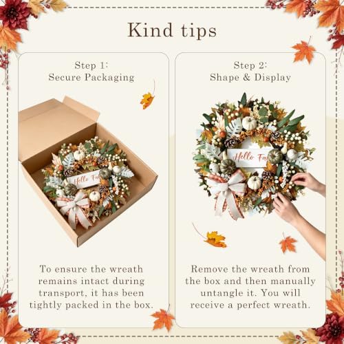 24'' Fall Wreaths for Front Door with Lights and Timer, Farmhouse
