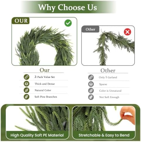 Alupssuc 2PCS 6FT Christmas Garland, Gradient Greenery Norfolk Pine Garland